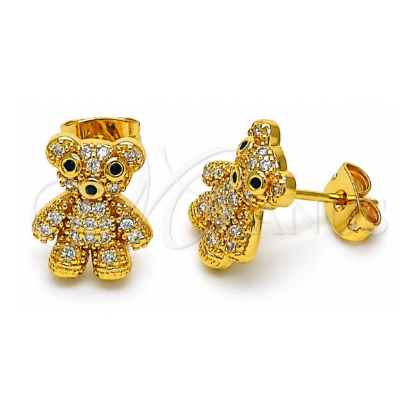 Oro Laminado Stud Earring, Gold Filled Style Teddy Bear Design, with White and Black Micro Pave, Polished, Golden Finish, 02.342.0267