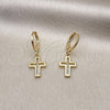 Oro Laminado Dangle Earring, Gold Filled Style Cross Design, with White Cubic Zirconia, Polished, Golden Finish, 02.213.0541
