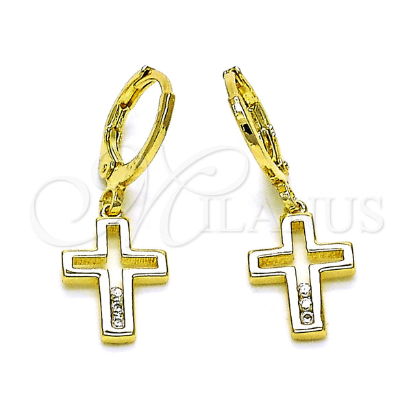 Oro Laminado Dangle Earring, Gold Filled Style Cross Design, with White Cubic Zirconia, Polished, Golden Finish, 02.213.0541