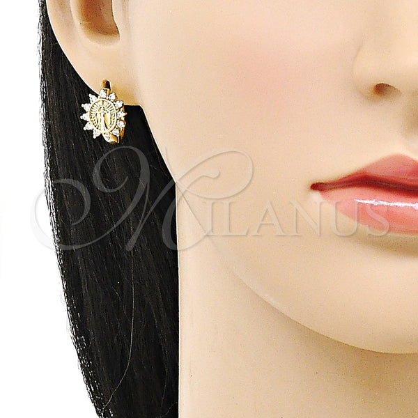 Gold Filled Hoop Earrings — Huggie Hoop Virgen Maria Design with White Cubic — alternate product view — SKU 153424 | Oro Laminado aretes de aro — Huggie Hoop Virgen Maria diseño with blanco Cubic — SKU 153424