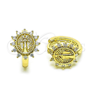 Gold Filled Hoop Earrings — Huggie Hoop Virgen Maria Design with White Cubic — main product view — SKU 153424 | Oro Laminado aretes de aro — Huggie Hoop Virgen Maria diseño with blanco Cubic — SKU 153424