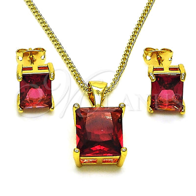 Oro Laminado Earring and Pendant Adult Set, Gold Filled Style with Ruby Cubic Zirconia, Polished, Golden Finish, 10.342.0106.3