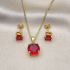 Oro Laminado Earring and Pendant Adult Set, Gold Filled Style with Ruby Cubic Zirconia, Polished, Golden Finish, 10.342.0121