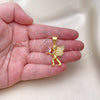 Oro Laminado Fancy Pendant, Gold Filled Style Angel and Heart Design, with White Micro Pave and Pink Cubic Zirconia, Polished, Golden Finish, 05.342.0175