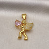 Oro Laminado Fancy Pendant, Gold Filled Style Angel and Heart Design, with White Micro Pave and Pink Cubic Zirconia, Polished, Golden Finish, 05.342.0175