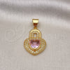 Oro Laminado Fancy Pendant, Gold Filled Style Heart Design, with White Micro Pave and Pink Cubic Zirconia, Polished, Golden Finish, 05.342.0176
