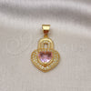 Oro Laminado Fancy Pendant, Gold Filled Style Heart Design, with White Micro Pave and Pink Cubic Zirconia, Polished, Golden Finish, 05.342.0176