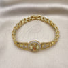 Oro Laminado Solid Bracelet, Gold Filled Style San Judas and Cross Design, with White Cubic Zirconia, Polished, Tricolor, 03.411.0005.08 (08 MM Thickness, 8 Inches Length)