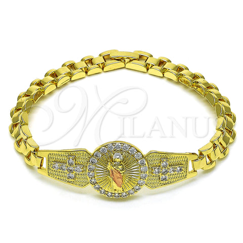 Oro Laminado Solid Bracelet, Gold Filled Style San Judas and Cross Design, with White Cubic Zirconia, Polished, Tricolor, 03.411.0005.08 (08 MM Thickness, 8 Inches Length)