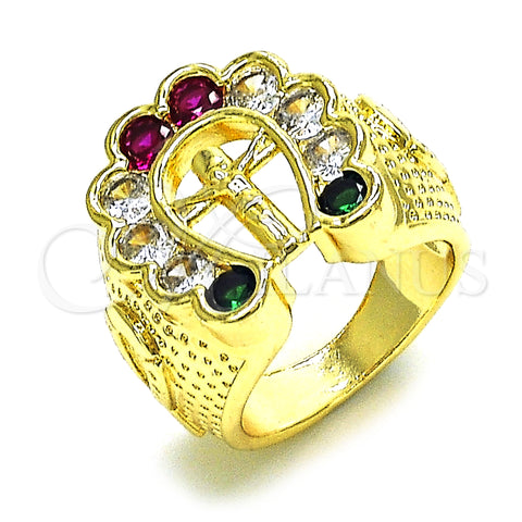 Oro Laminado Mens Ring, Gold Filled Style Crucifix Design, with Multicolor Cubic Zirconia, Polished, Golden Finish, 01.210.0156.10 (Size 10)