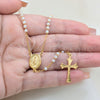 Oro Laminado Thin Rosary, Gold Filled Style Altagracia and Cross Design, with Ivory Pearl, Polished, Golden Finish, 09.02.0051.18