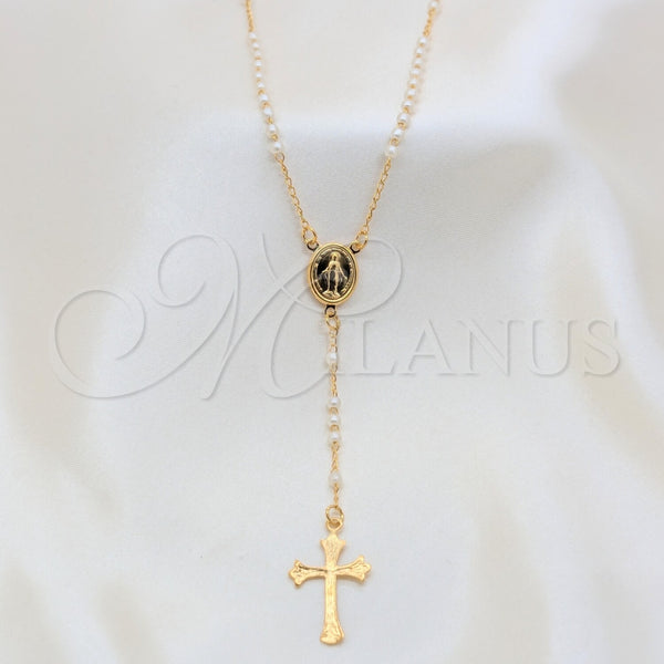 Oro Laminado Thin Rosary, Gold Filled Style Altagracia and Cross Design, with Ivory Pearl, Polished, Golden Finish, 09.02.0051.18