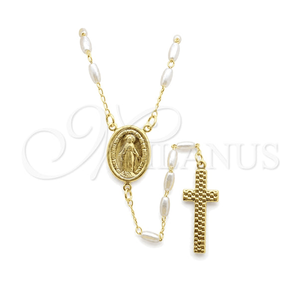 Oro Laminado Medium Rosary, Gold Filled Style Altagracia and Cross Design, with Ivory Pearl, Polished, Golden Finish, 09.02.0052.24