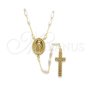 Oro Laminado Medium Rosary, Gold Filled Style Altagracia and Cross Design, with Ivory Pearl, Polished, Golden Finish, 09.02.0052.24
