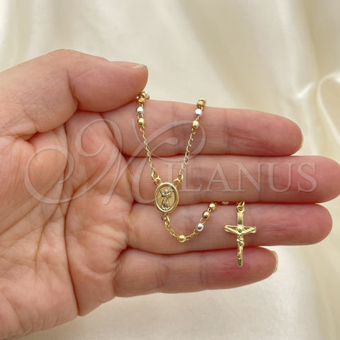 Oro Laminado Thin Rosary, Gold Filled Style Cross and Divino NiÃ±o Design, Polished, Tricolor, 09.02.0053.18