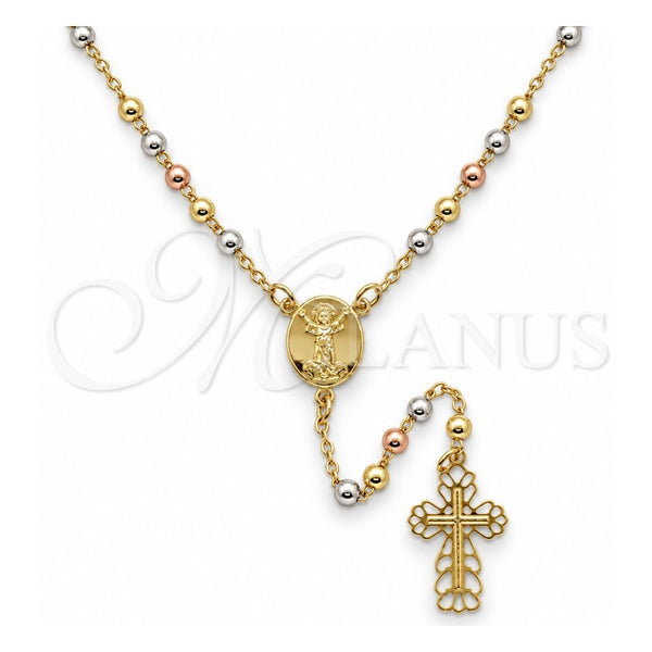 Oro Laminado Thin Rosary, Gold Filled Style Cross and Divino NiÃ±o Design, Polished, Tricolor, 09.02.0056.18
