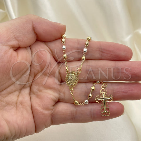 Oro Laminado Thin Rosary, Gold Filled Style Cross and Virgen Maria Design, Polished, Tricolor, 09.02.0058.18