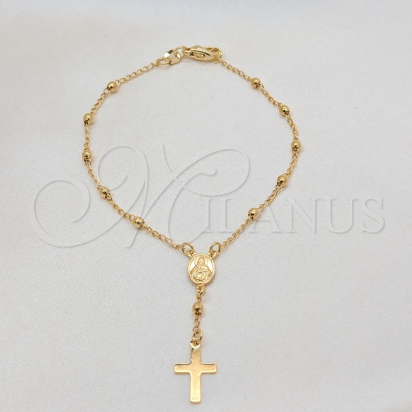 Oro Laminado Bracelet Rosary, Gold Filled Style Cross and Virgen Maria Design, Polished, Golden Finish, 09.02.0067