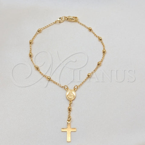 Oro Laminado Bracelet Rosary, Gold Filled Style Cross and Virgen Maria Design, Polished, Golden Finish, 09.02.0067