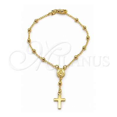 Oro Laminado Bracelet Rosary, Gold Filled Style Cross and Virgen Maria Design, Polished, Golden Finish, 09.02.0067