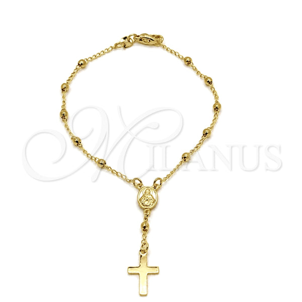 Oro Laminado Bracelet Rosary, Gold Filled Style Cross and Virgen Maria Design, Polished, Golden Finish, 09.02.0067