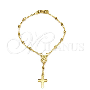Oro Laminado Bracelet Rosary, Gold Filled Style Cross and Virgen Maria Design, Polished, Golden Finish, 09.02.0067