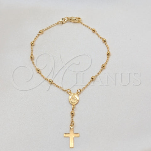 Oro Laminado Bracelet Rosary, Gold Filled Style Cross and Virgen Maria Design, Polished, Golden Finish, 09.02.0067