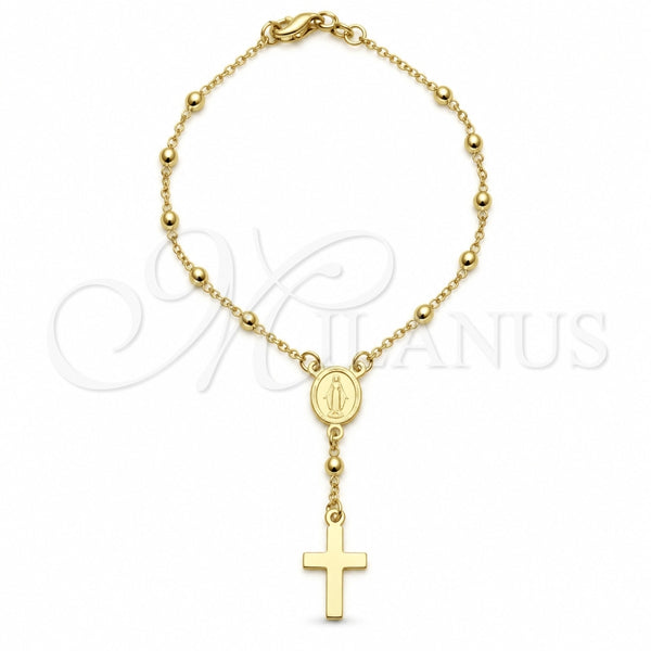 Oro Laminado Bracelet Rosary, Gold Filled Style Cross and Divino NiÃ±o Design, Polished, Golden Finish, 09.02.0068