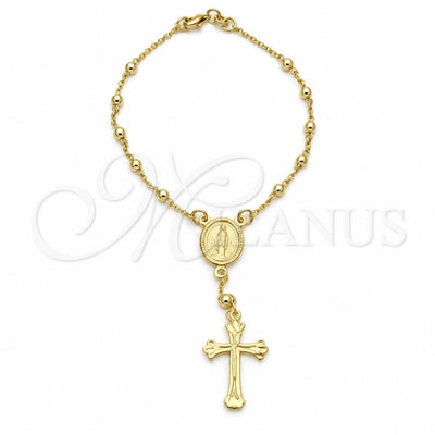 Oro Laminado Bracelet Rosary, Gold Filled Style Cross and Altagracia Design, Polished, Golden Finish, 09.12.0002.08