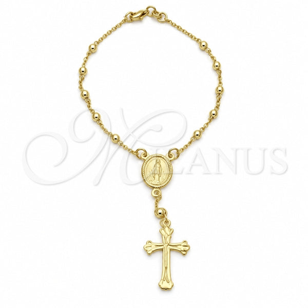 Oro Laminado Bracelet Rosary, Gold Filled Style Cross and Altagracia Design, Polished, Golden Finish, 09.12.0002.08