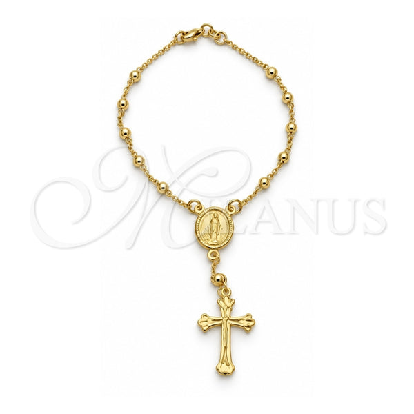 Oro Laminado Bracelet Rosary, Gold Filled Style Cross and Altagracia Design, Polished, Golden Finish, 09.12.0002.08