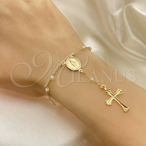 Oro Laminado Bracelet Rosary, Gold Filled Style Cross and Altagracia Design, Polished, Golden Finish, 09.12.0002.08