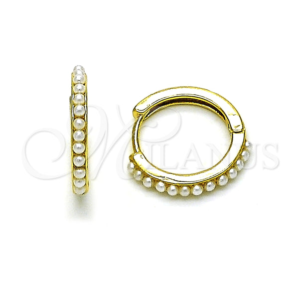 Gold Filled Hoop Earrings — Huggie Hoop with Ivory Pearl Polished 02. — main product view — SKU 153521 | Oro Laminado aretes de aro — Huggie Hoop with Ivory Pearl pulido 02. — SKU 153521