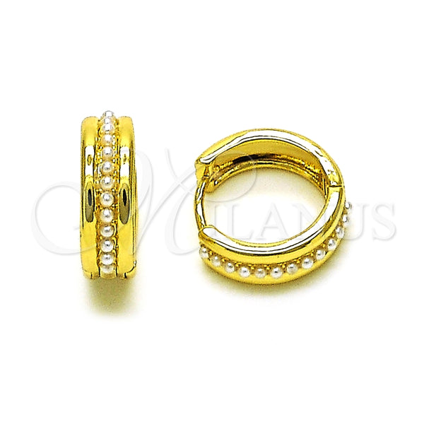 Gold Filled Hoop Earrings — Huggie Hoop with Ivory Pearl Polished 02. — main product view — SKU 153524 | Oro Laminado aretes de aro — Huggie Hoop with Ivory Pearl pulido 02. — SKU 153524