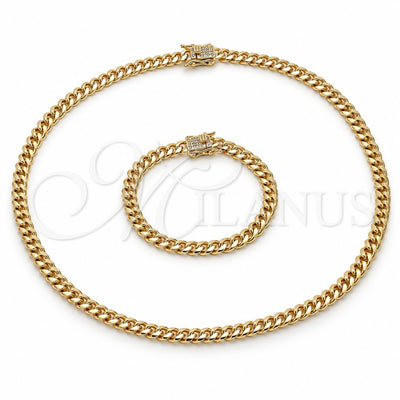 Oro Laminado Necklace and Bracelet, Gold Filled Style Miami Cuban Design, with White Micro Pave, Polished, Golden Finish, 06.156.0002