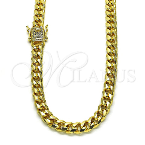 Oro Laminado Basic Necklace, Gold Filled Style Miami Cuban Design, with White Micro Pave, Polished, Golden Finish, 04.156.0466.20 (200 Gauge, 07 MM Thickness, 20 Inches Length)