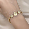 Oro Laminado Fancy Bracelet, Gold Filled Style Teardrop and San Judas Design, with White Micro Pave, Polished, Golden Finish, 03.284.0031.08 (05 MM Thickness, 8 Inches Length)