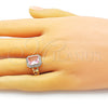Oro Laminado Multi Stone Ring, Gold Filled Style Curb Design, with Pink Cubic Zirconia and White Micro Pave, Polished, Golden Finish, 01.284.0087 (One size fits all)