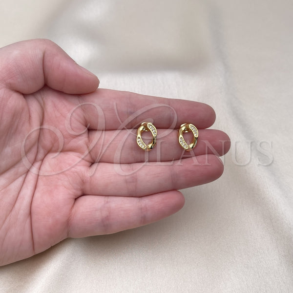 Oro Laminado Stud Earring, Gold Filled Style Twist Design, with White Micro Pave, Polished, Golden Finish, 02.342.0269