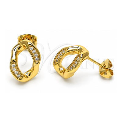 Oro Laminado Stud Earring, Gold Filled Style Twist Design, with White Micro Pave, Polished, Golden Finish, 02.342.0269