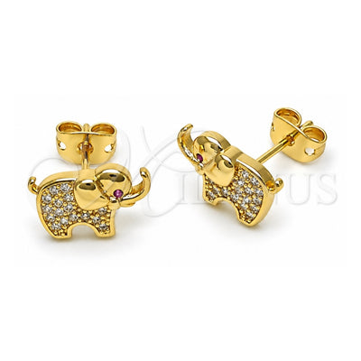 Oro Laminado Stud Earring, Gold Filled Style Elephant Design, with White and Ruby Micro Pave, Polished, Golden Finish, 02.342.0271