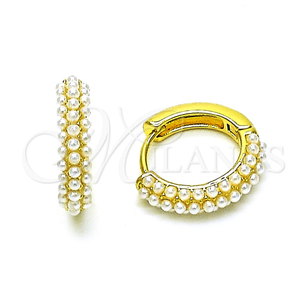 Gold Filled Hoop Earrings — Huggie Hoop with Ivory Pearl Polished 02. — main product view — SKU 153590 | Oro Laminado aretes de aro — Huggie Hoop with Ivory Pearl pulido 02. — SKU 153590