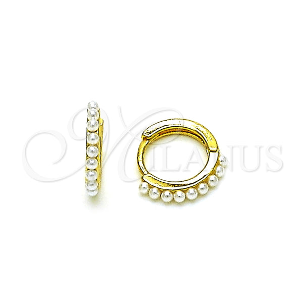 Gold Filled Hoop Earrings — Huggie Hoop with Ivory Pearl Polished 02. — main product view — SKU 153591 | Oro Laminado aretes de aro — Huggie Hoop with Ivory Pearl pulido 02. — SKU 153591