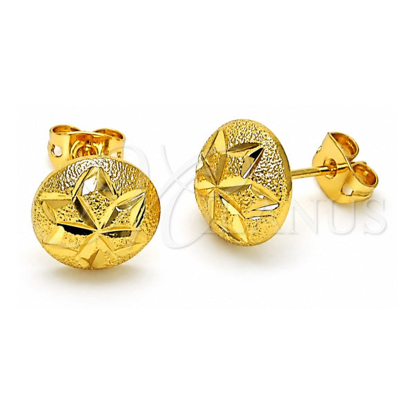Oro Laminado Stud Earring, Gold Filled Style Star and Flower Design, Diamond Cutting Finish, Golden Finish, 02.342.0275