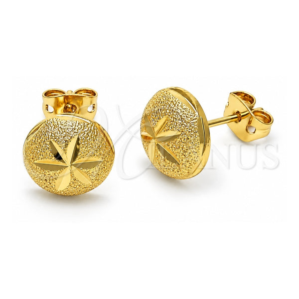 Oro Laminado Stud Earring, Gold Filled Style Flower Design, Diamond Cutting Finish, Golden Finish, 02.342.0276