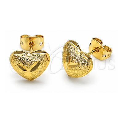 Oro Laminado Stud Earring, Gold Filled Style Heart Design, Diamond Cutting Finish, Golden Finish, 02.342.0277