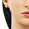 Oro Laminado Stud Earring, Gold Filled Style Heart and Flower Design, Diamond Cutting Finish, Golden Finish, 02.342.0279