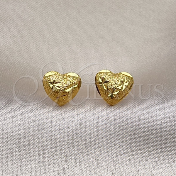 Oro Laminado Stud Earring, Gold Filled Style Heart and Flower Design, Diamond Cutting Finish, Golden Finish, 02.342.0279