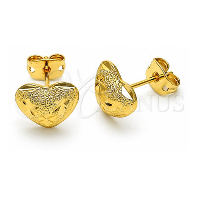 Oro Laminado Stud Earring, Gold Filled Style Heart and Flower Design, Diamond Cutting Finish, Golden Finish, 02.342.0279