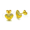 Oro Laminado Stud Earring, Gold Filled Style Heart and Flower Design, Diamond Cutting Finish, Golden Finish, 02.342.0279